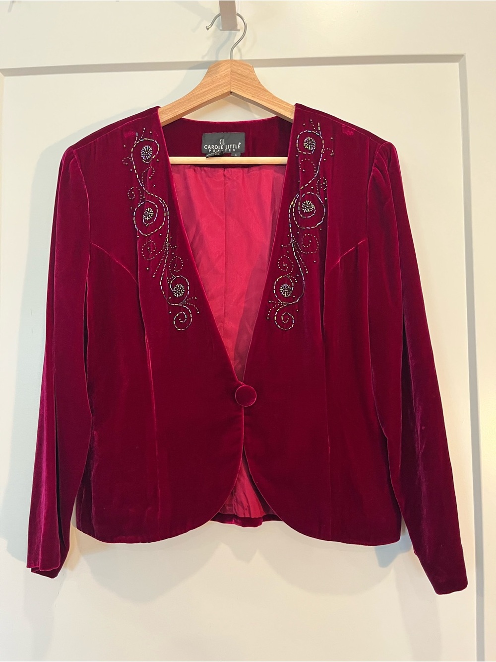 Vtg 90s Carol Little silk blend burgundy valet beaded crop blazer boho goth sz 8